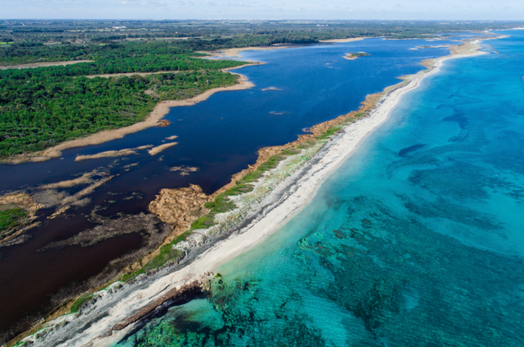 Veduta aerea dell’Oasi WWF Le Cesine con laguna, spiaggia e mare cristallino del Salento