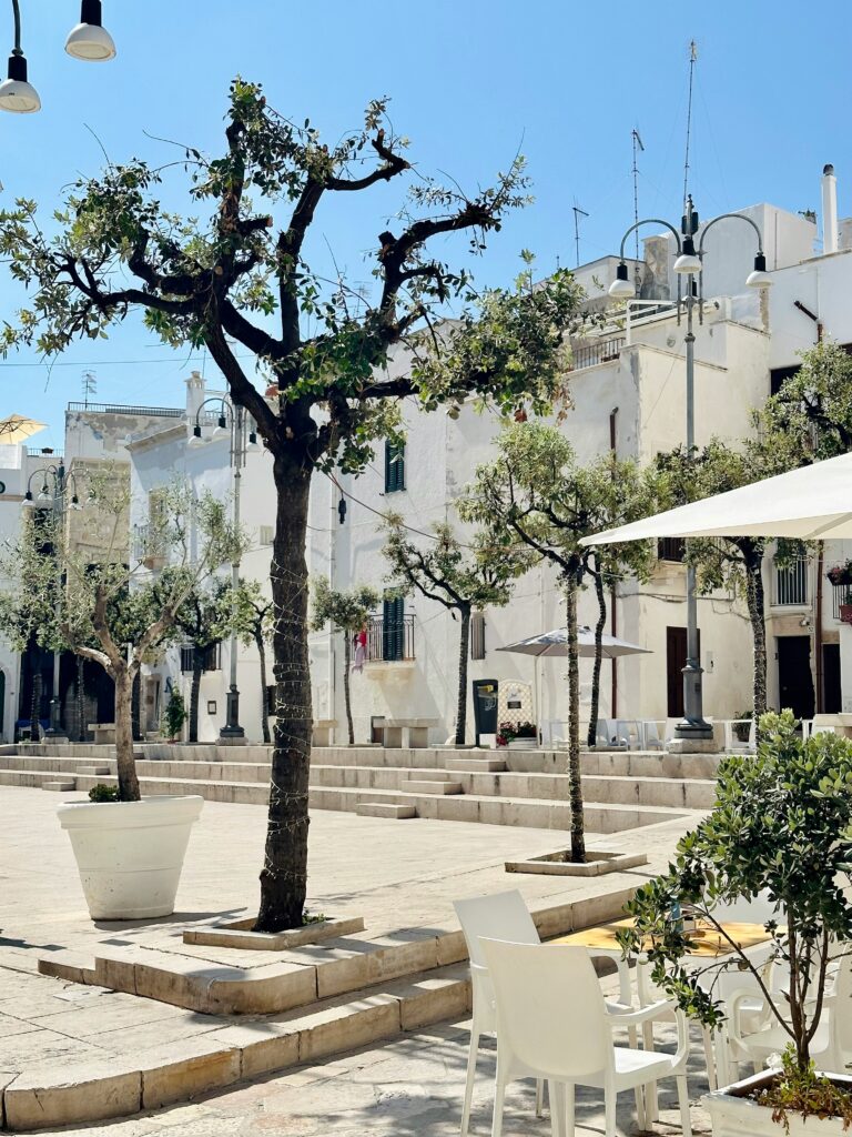 Piazzetta di Polignano a Mare con case bianche, alberi e atmosfera del borgo pugliese